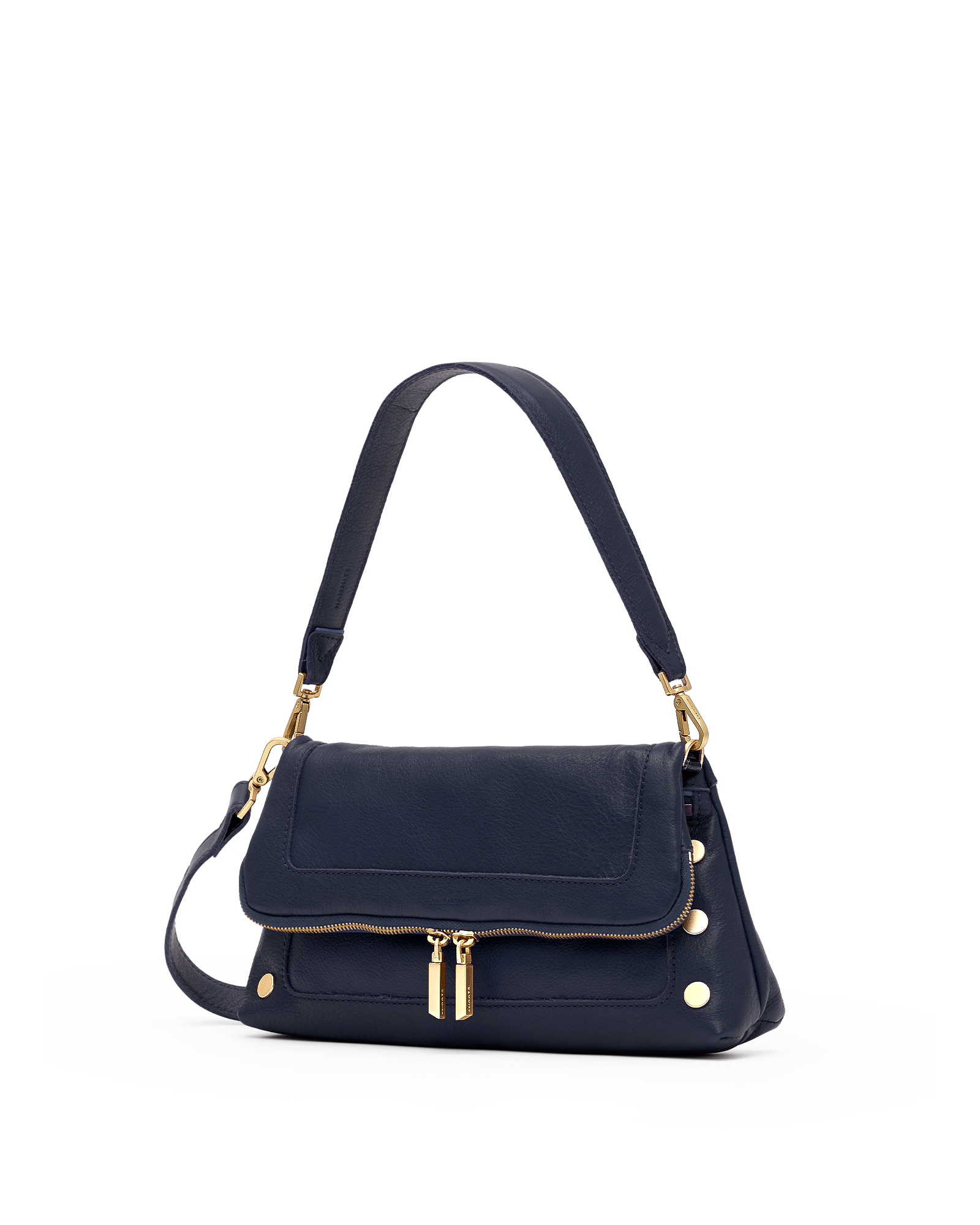 A navy blue leather shoulder bag with gold-tone hardware, featuring a flap front, a top handle, and a detachable shoulder strap, shown against a plain white background.