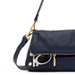 A navy blue leather shoulder bag with gold-tone hardware and a visible silver-tone Q logo charm, shown against a plain white background.