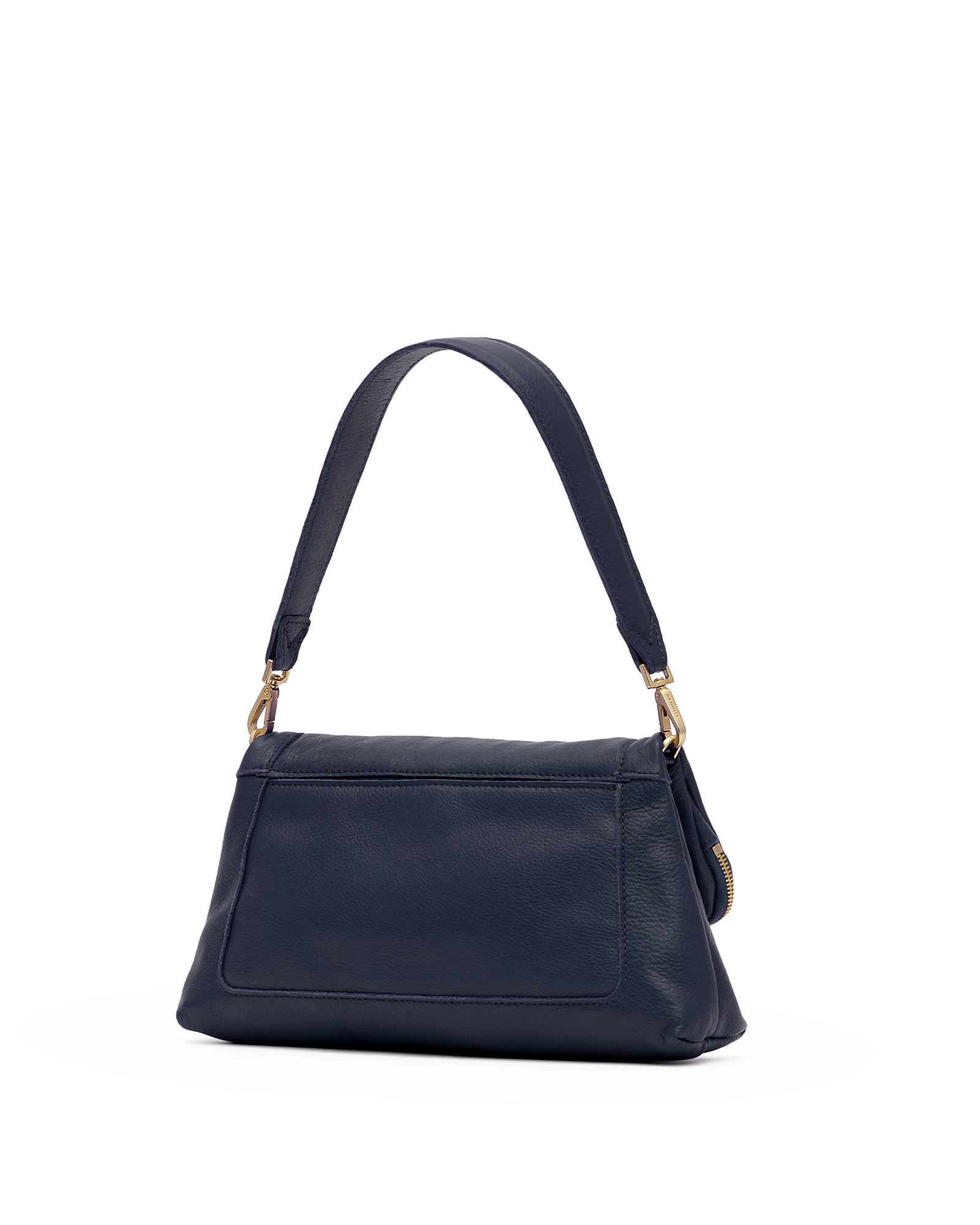 A navy blue leather shoulder bag with a single strap and gold-tone hardware, shown against a plain white background.