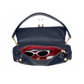 A navy blue leather shoulder bag with gold-tone hardware, shown open to reveal a red interior lining and sunglasses inside, set against a plain white background.
