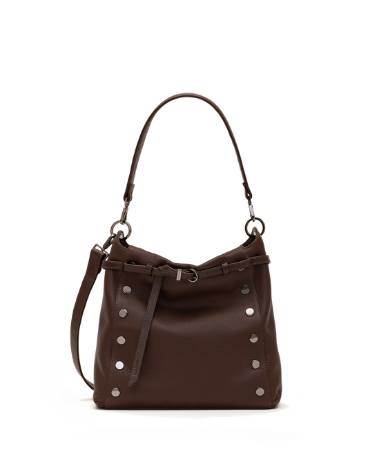 A dark brown leather shoulder bag with silver-tone studs and a matching leather strap detail, shown on a plain white background.