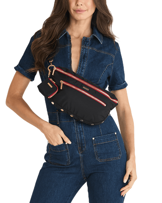 Charles-Crossbody-Lrg-Black-Nylon-G-Red-Zip-Model-View
