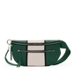 A green and beige color-blocked waist bag with silver zippers, a green shoulder strap, and a tassel detail, shown against a plain white background.
