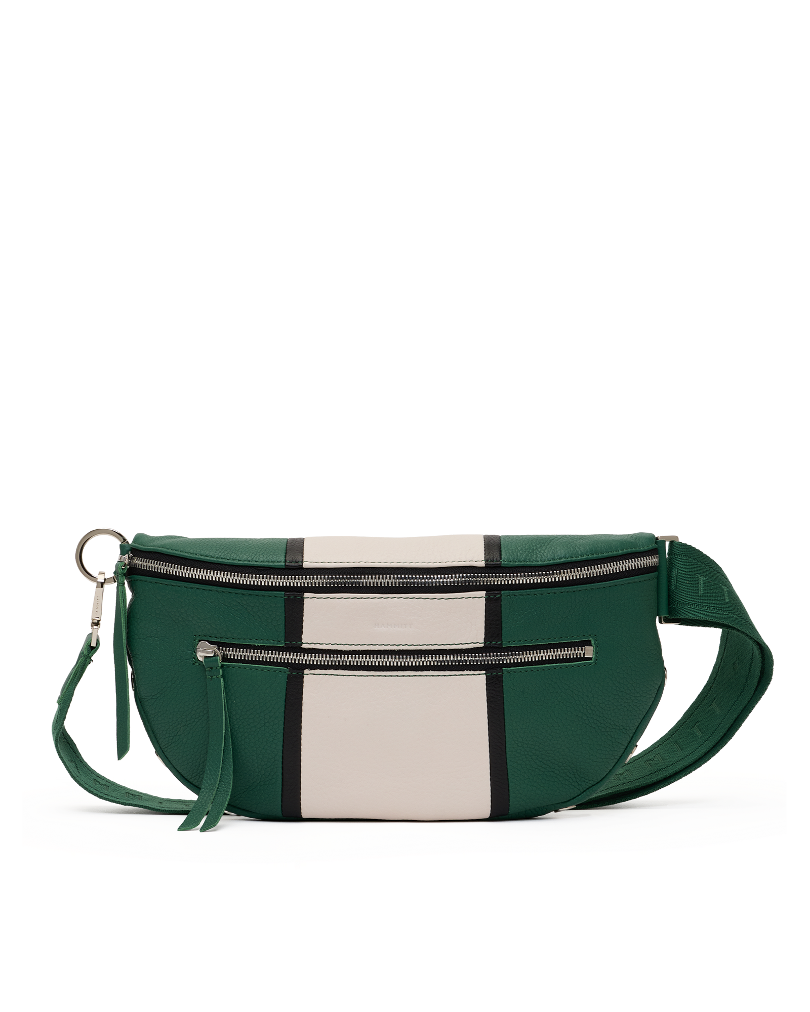 A green and beige color-blocked waist bag with silver zippers, a green shoulder strap, and a tassel detail, shown against a plain white background.