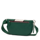 A green leather crossbody bag with a front zippered pocket, a beige leather accent stripe, and a silver-tone metal ring and strap.
