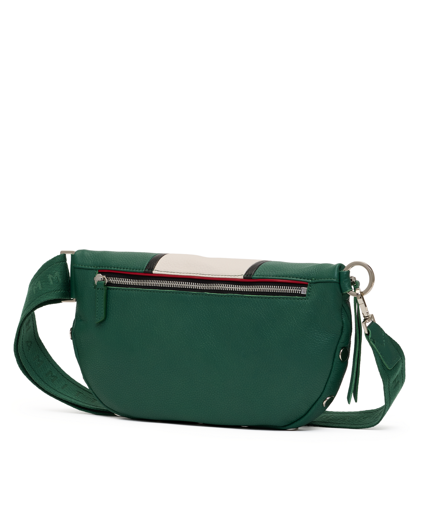 A green leather crossbody bag with a front zippered pocket, a beige leather accent stripe, and a silver-tone metal ring and strap.