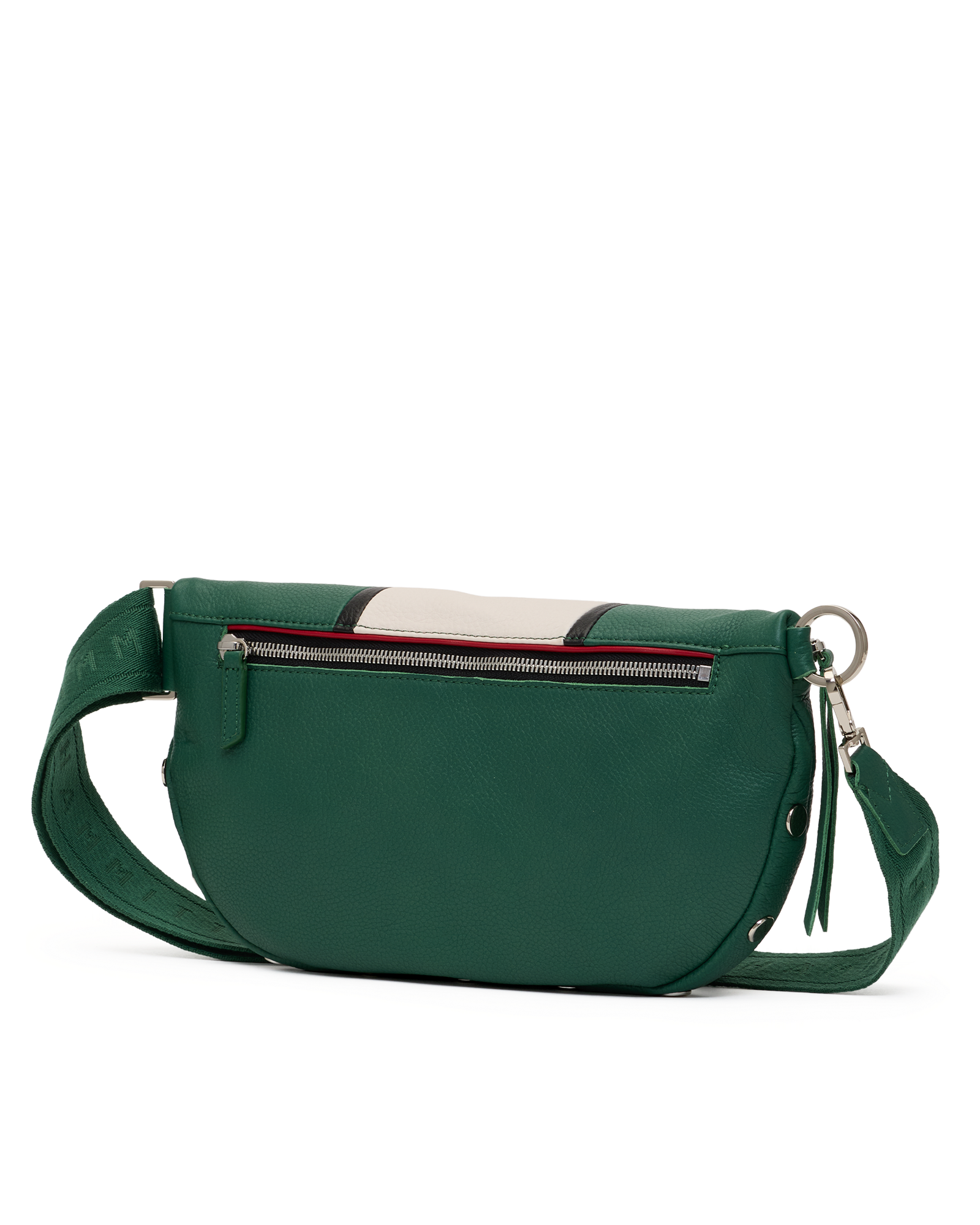 A green leather crossbody bag with a front zippered pocket, a beige leather accent stripe, and a silver-tone metal ring and strap.