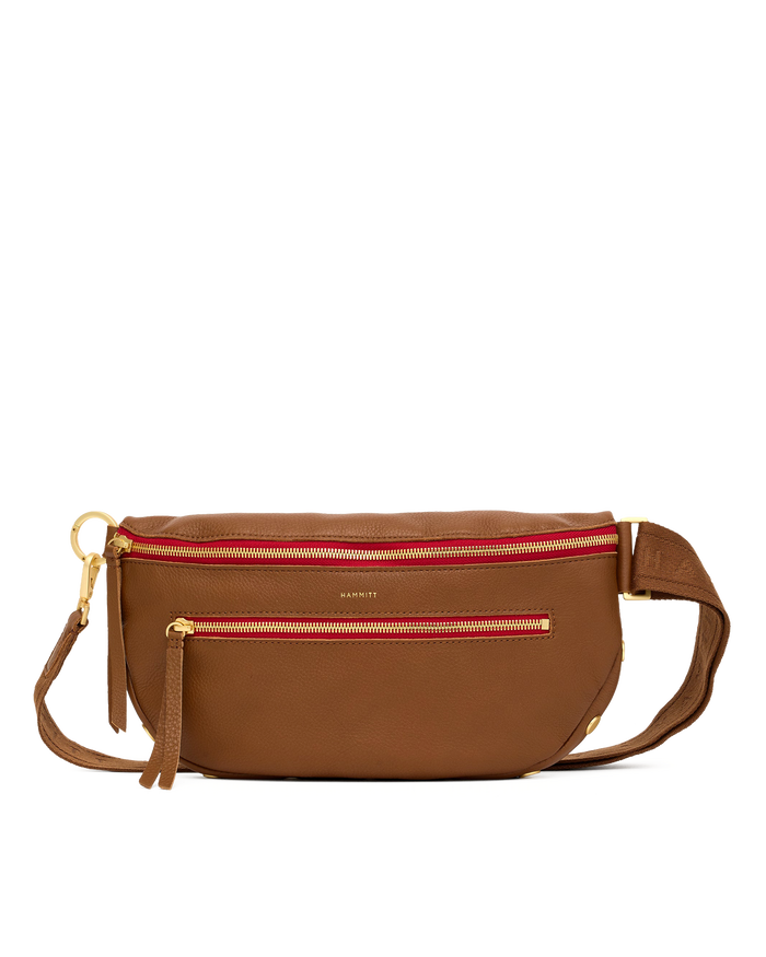 Charles Crossbody | Mahogany Pebble/Brushed Gold Red Zip | Lrg