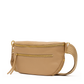 A beige leather belt bag with gold-tone zippers and hardware, featuring a front zip pocket and a matching woven shoulder strap, shown against a plain white background.