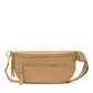 A tan leather waist bag with gold-tone hardware, featuring a top zipper, a front zip pocket, a tassel charm, and an adjustable shoulder strap, shown against a plain white background.