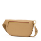 A tan leather crossbody bag with a gold-tone zipper, a thin red accent line along the zipper, and a matching tan leather strap with gold hardware, shown against a plain white background.