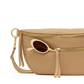 A close-up of a beige leather belt bag with gold-tone hardware, featuring a front zip pocket with a tassel zipper pull and a pair of round sunglasses resting in the pocket.