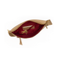 A tan leather waist bag shown open, revealing a deep burgundy red satin lining with a gold-tone zipper and interior card slots.