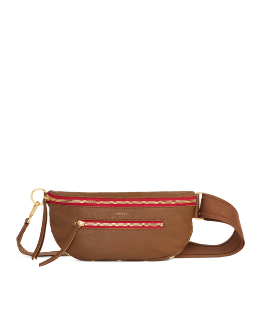 Charles Crossbody | Mahogany Pebble/Brushed Gold Red Zip | Med