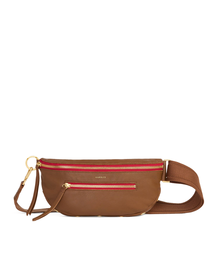 Charles Crossbody | Mahogany Pebble/Brushed Gold Red Zip | Med