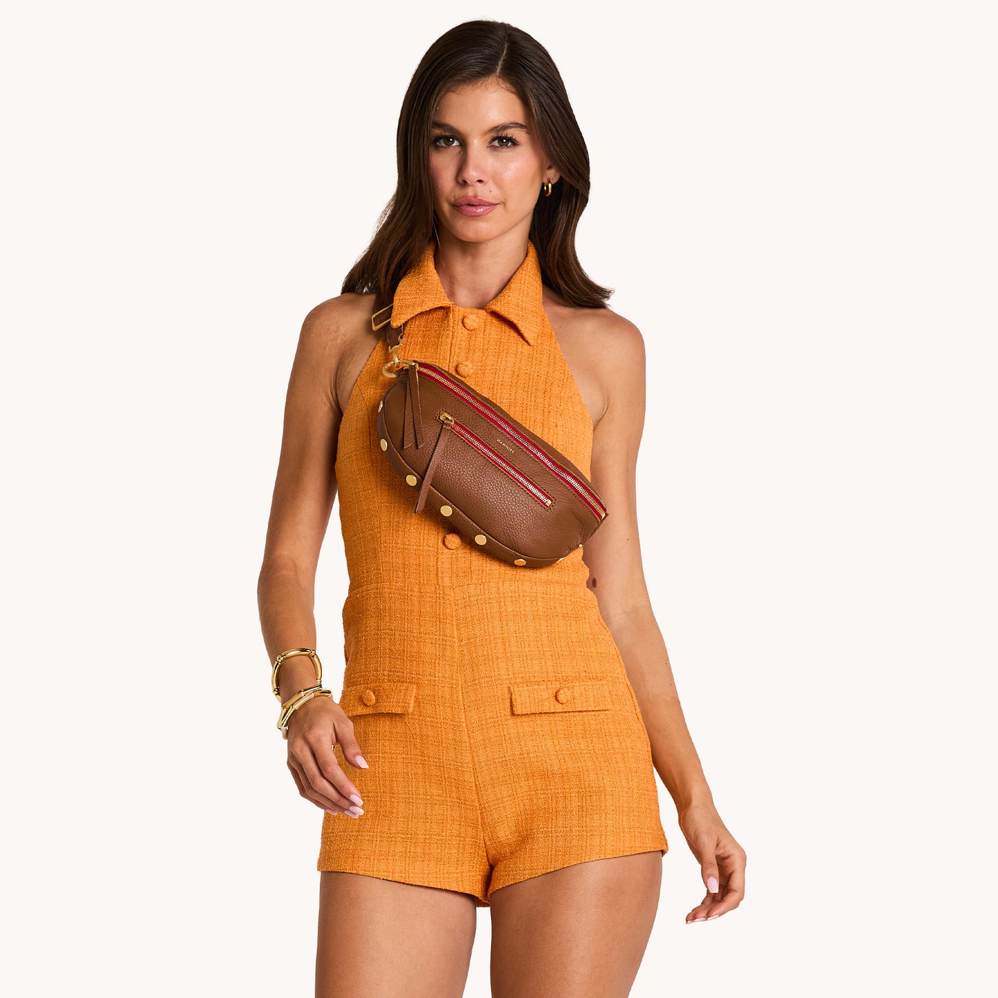 Charles Crossbody | Mahogany Pebble/Brushed Gold Red Zip | Lrg