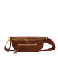 Brown leather waist bag with gold zipper on a white background