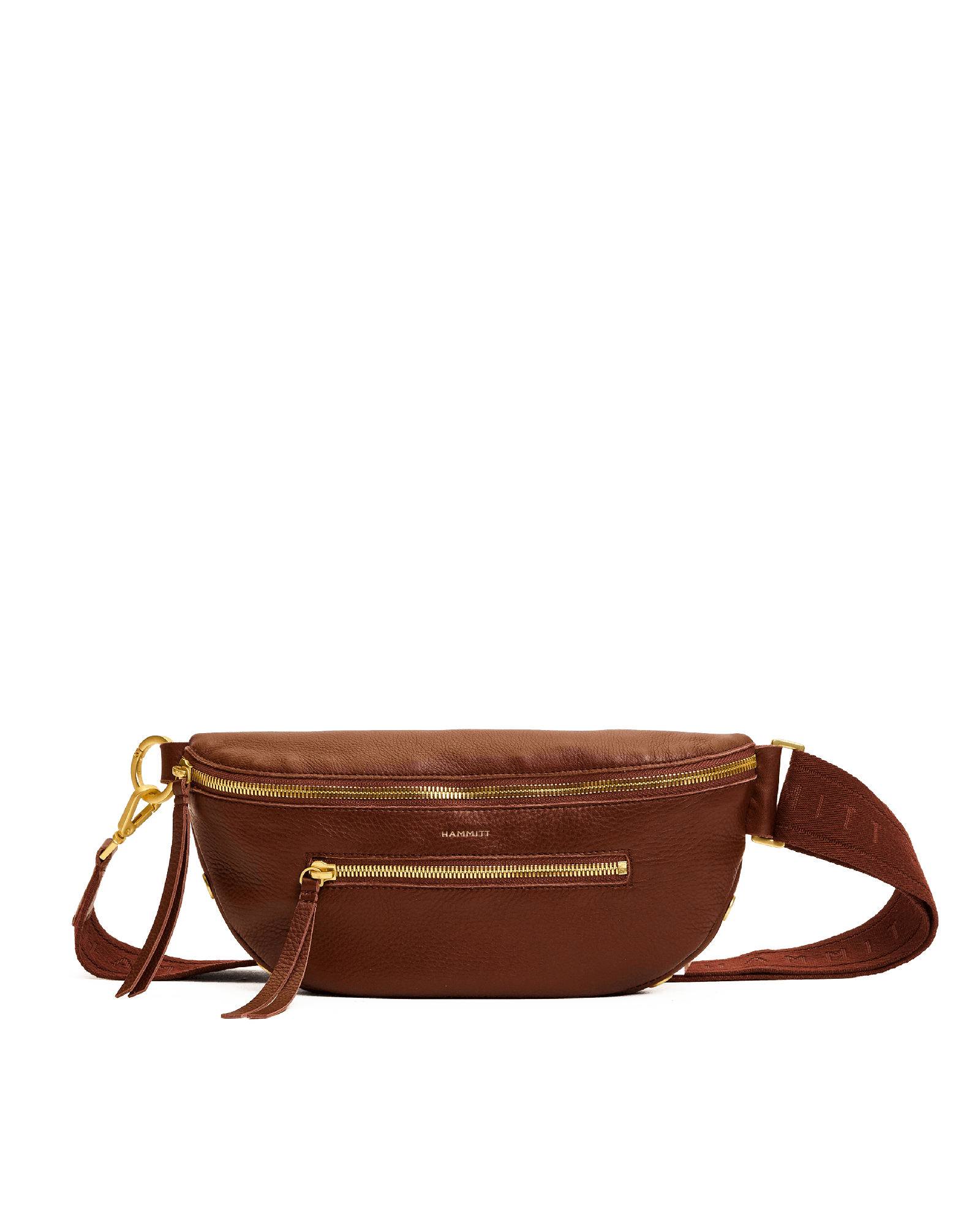 Brown leather waist bag with gold zipper on a white background