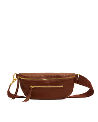Brown leather waist bag with gold zipper on a white background