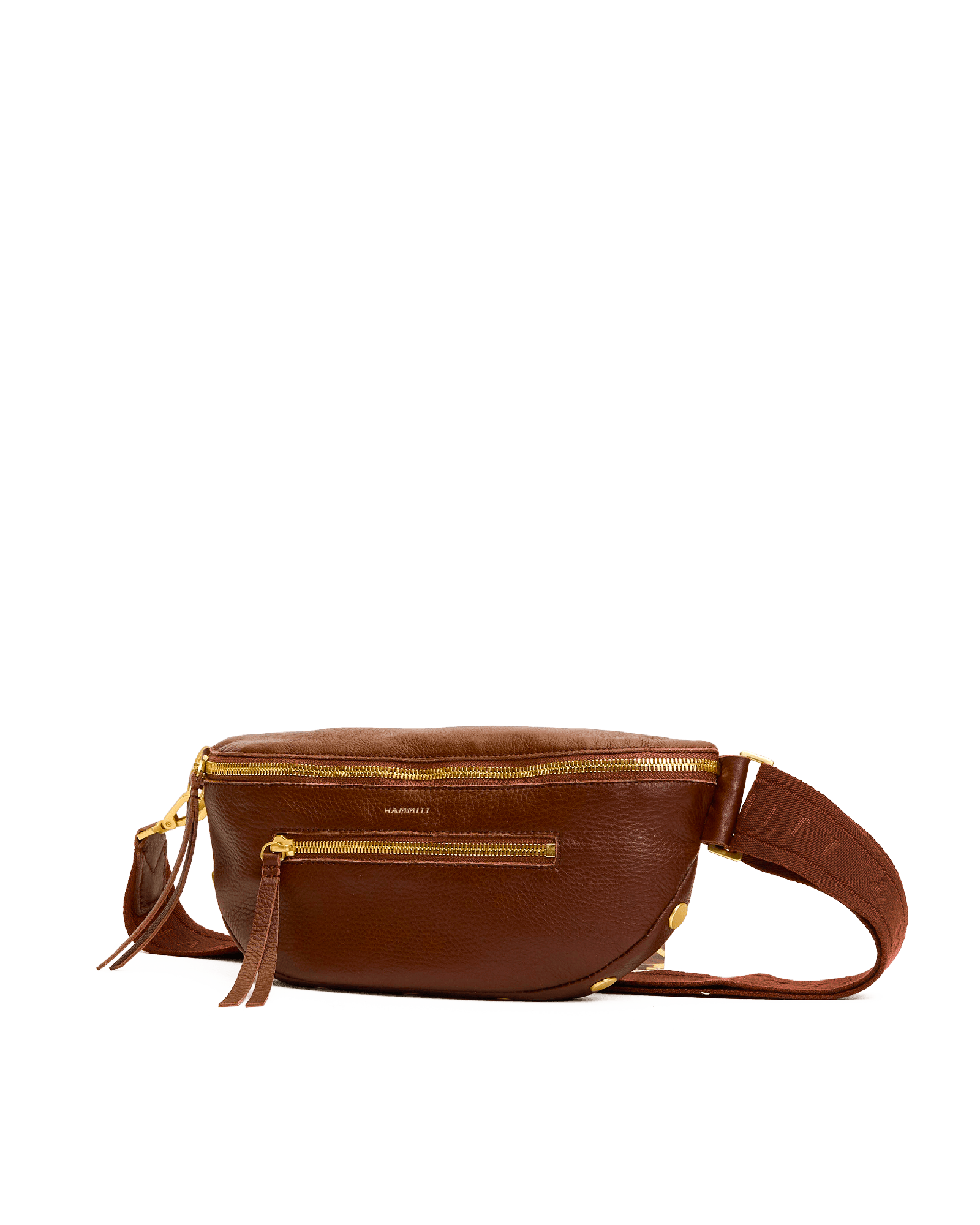 Brown leather waist bag with gold zipper on a white background