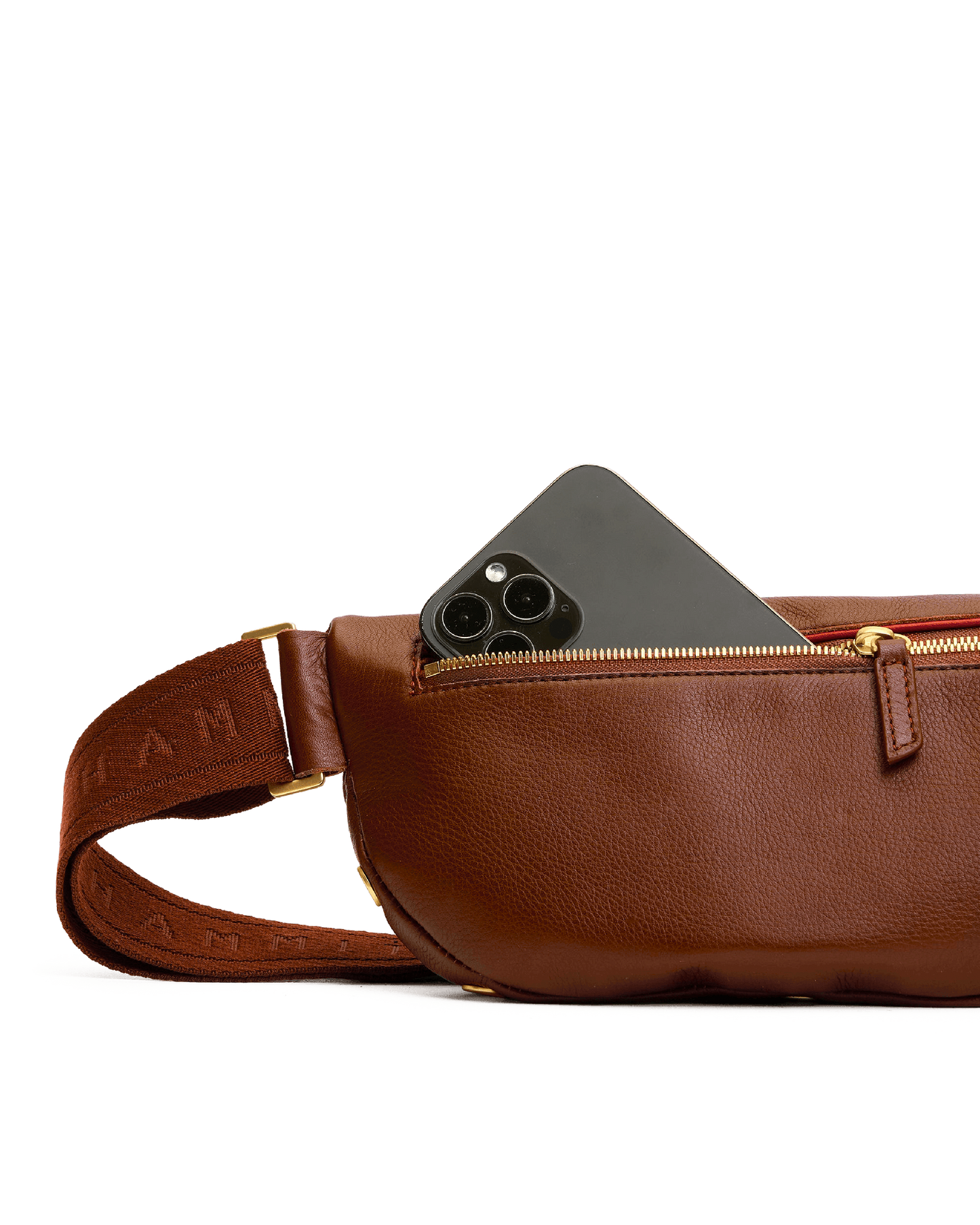 Brown leather waist bag with a phone pocket on a white background