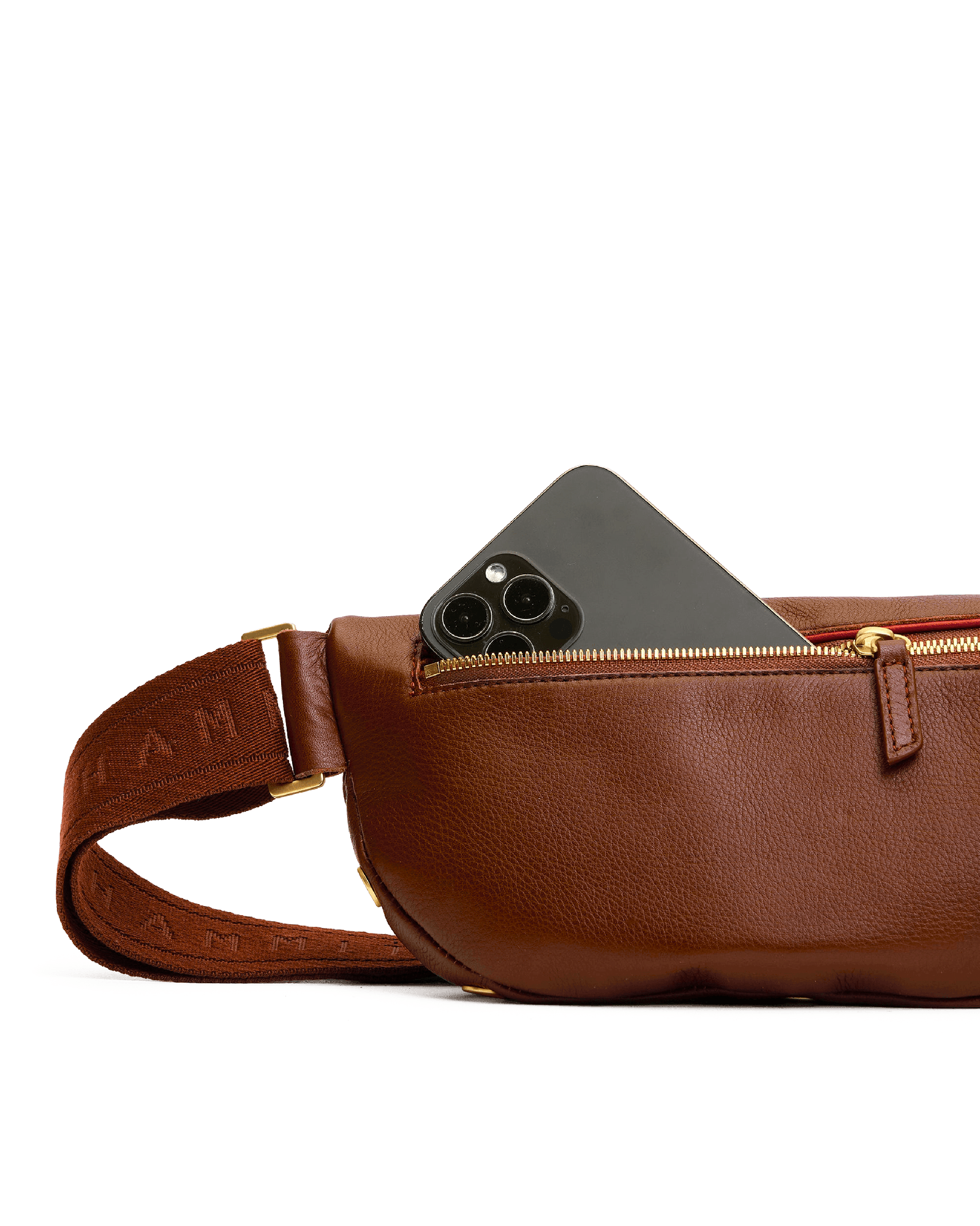 Brown leather waist bag with a phone pocket on a white background