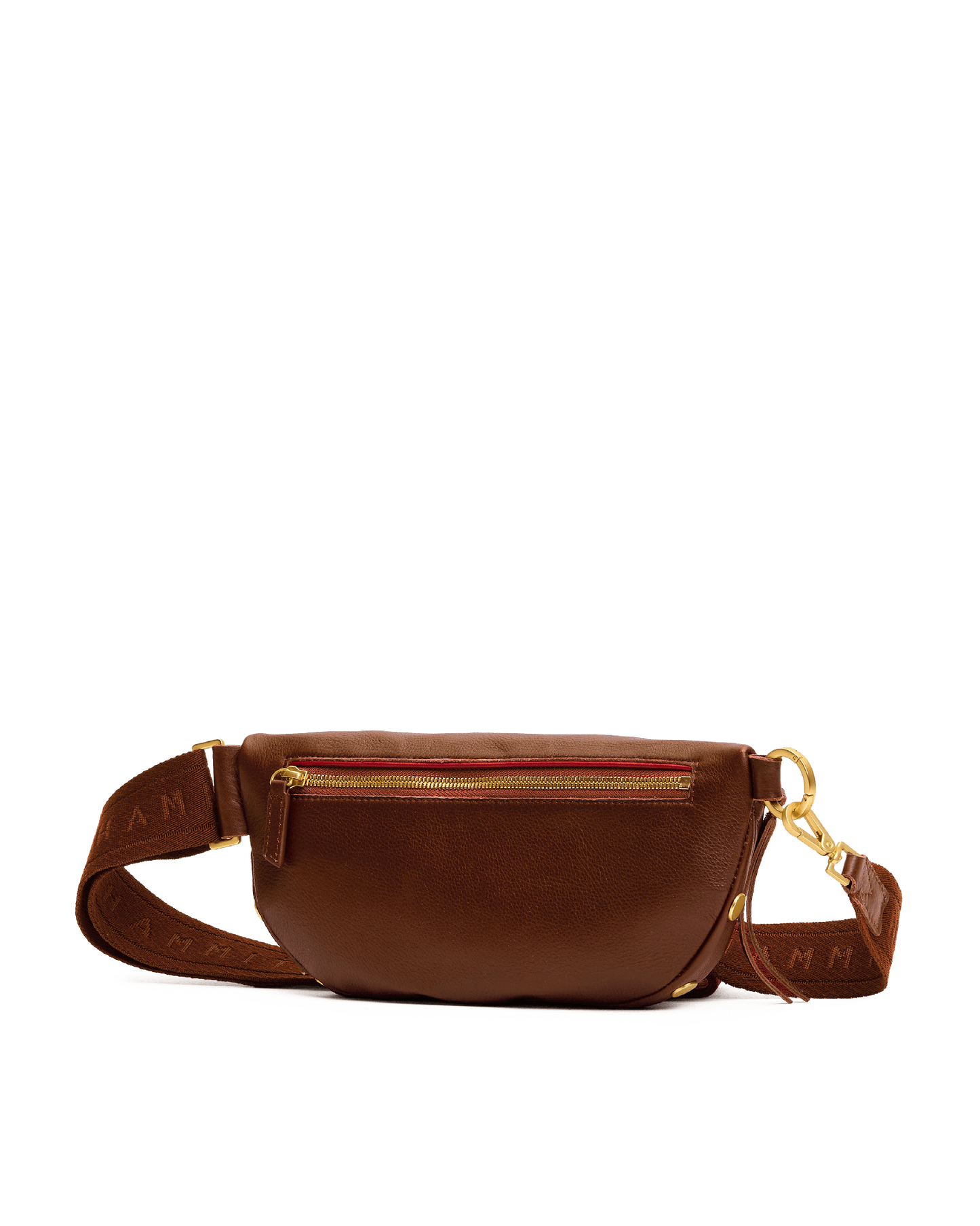 Brown leather fanny pack with gold zippers on a white background