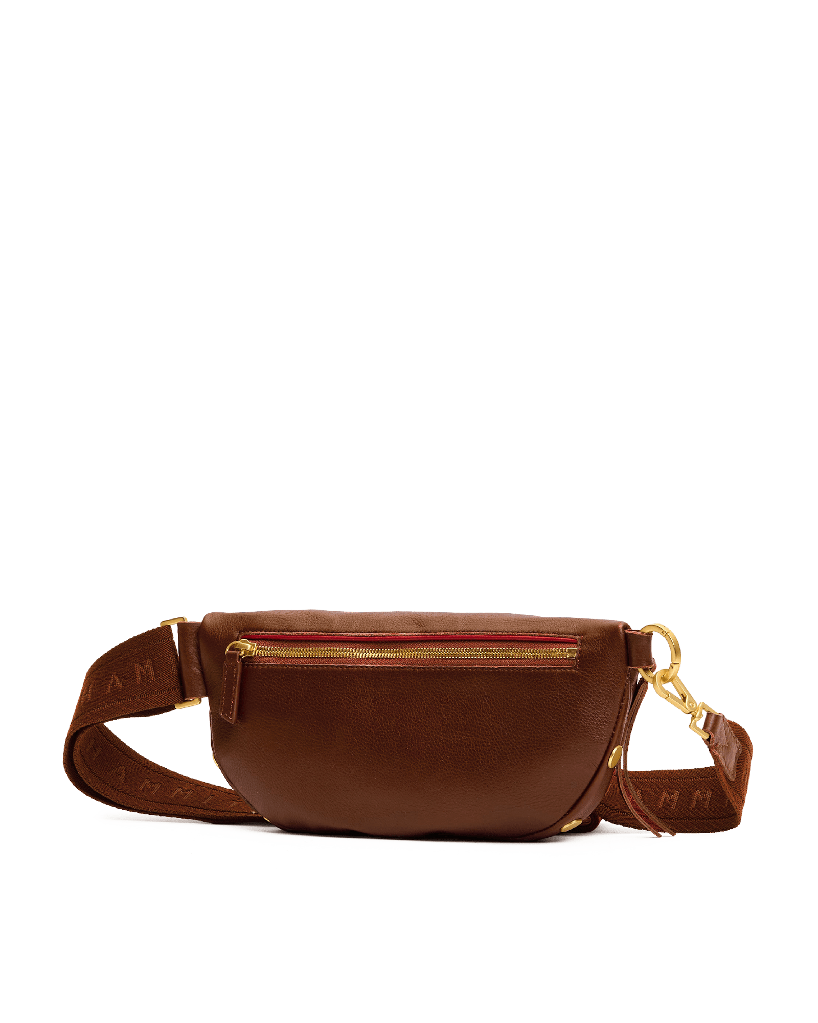 Brown leather fanny pack with gold zippers on a white background