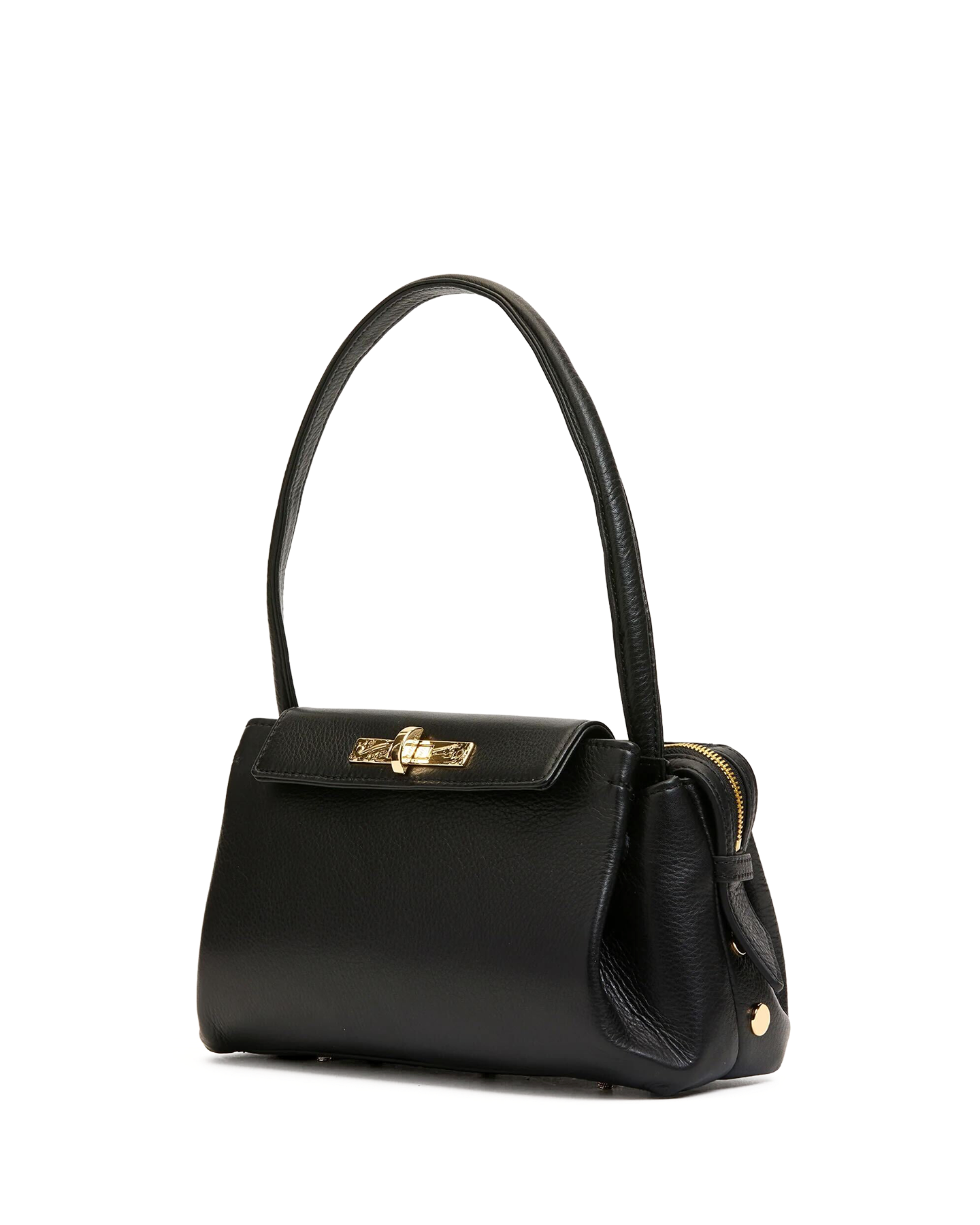Black handbag with gold accents on a white background