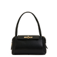Black handbag with a gold clasp on a white background