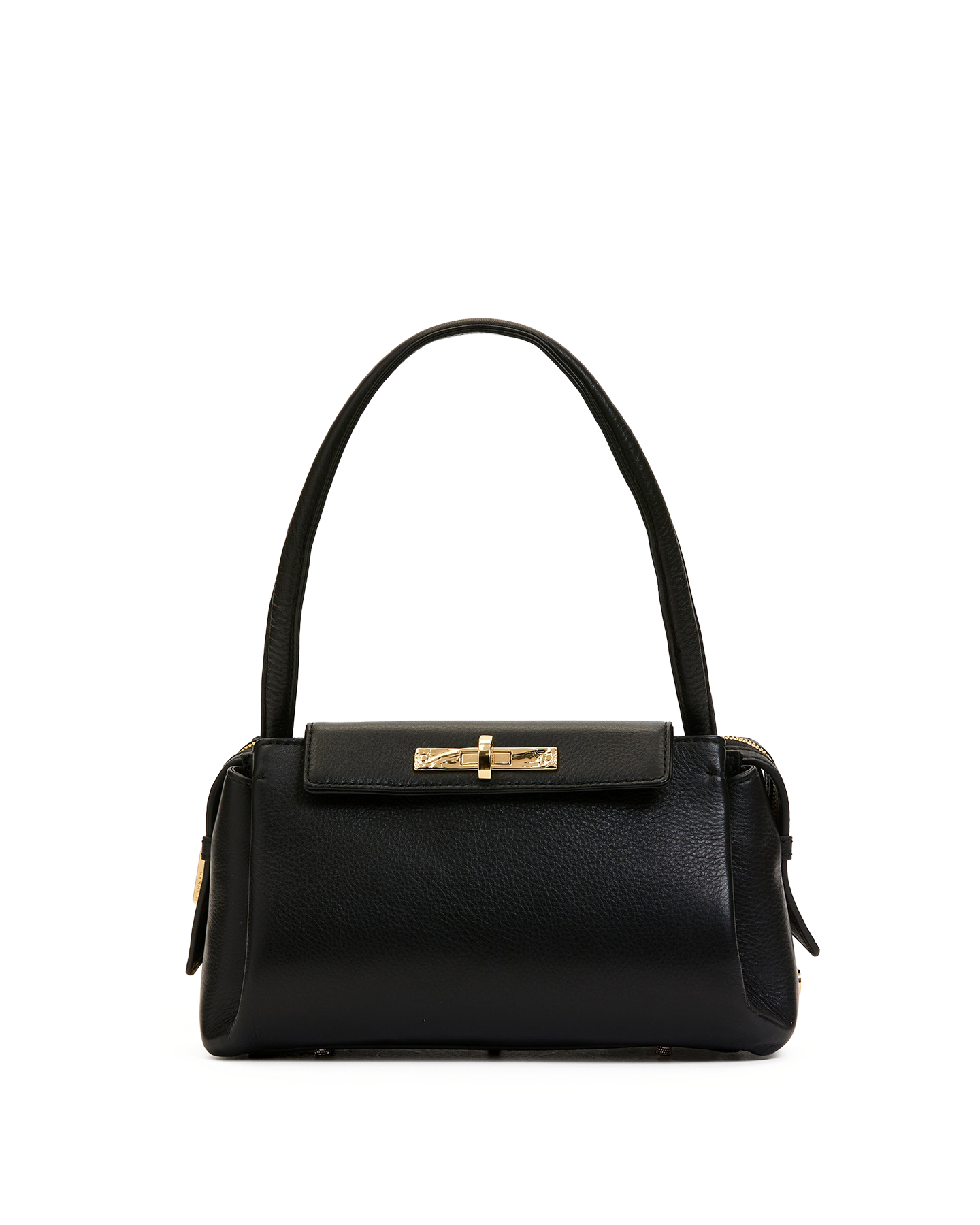 Black handbag with a gold clasp on a white background