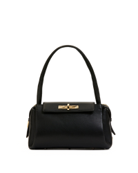 Black handbag with a gold clasp on a white background