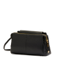 Black handbag with gold zipper on a white background