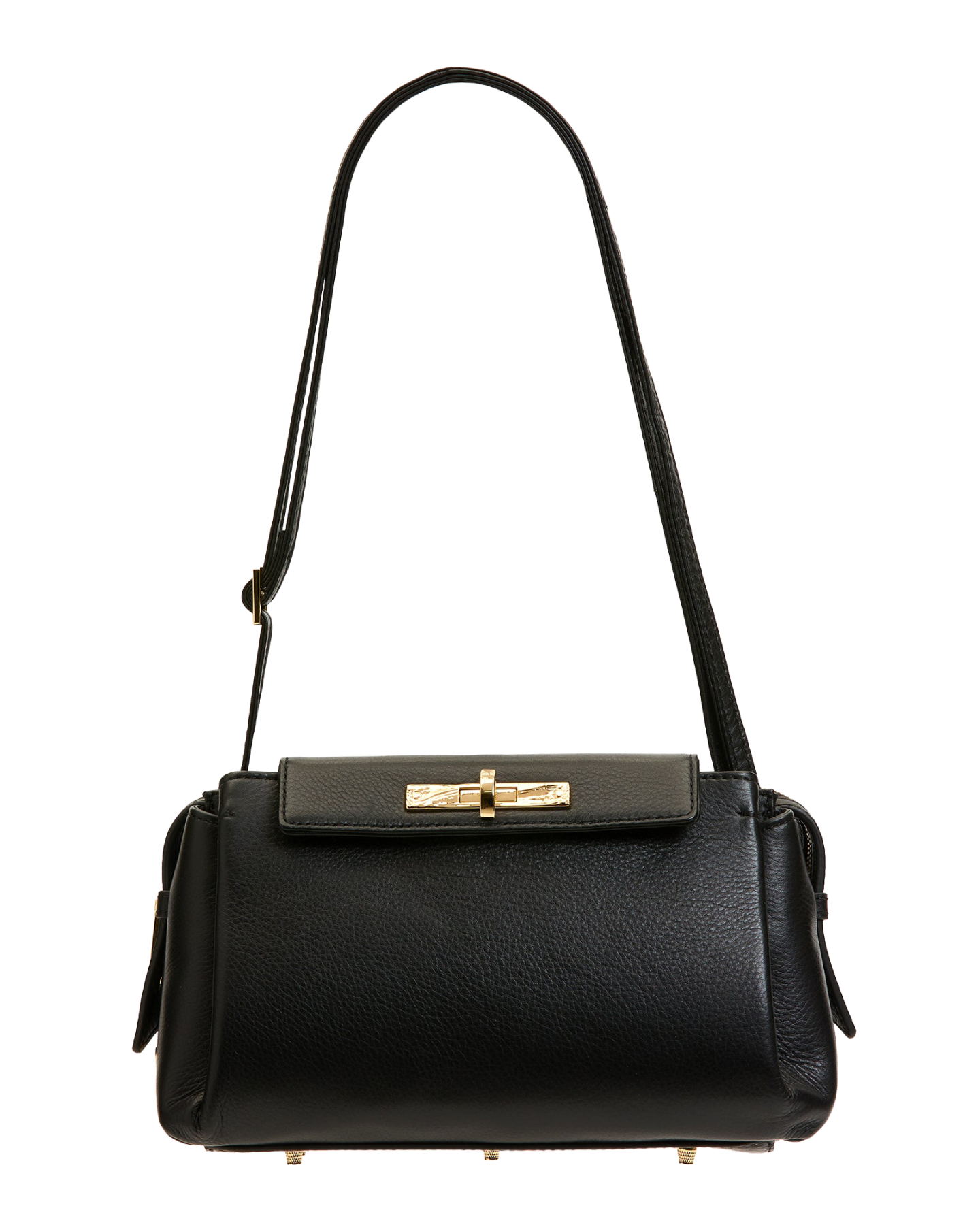 Black handbag with a gold clasp on a white background