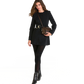 Woman wearing a black coat with a belt, holding a brown handbag on a white background