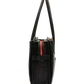 A black leather tote bag shown from a side profile view against a solid white background, featuring a vertical red and orange stripe detail on the front.