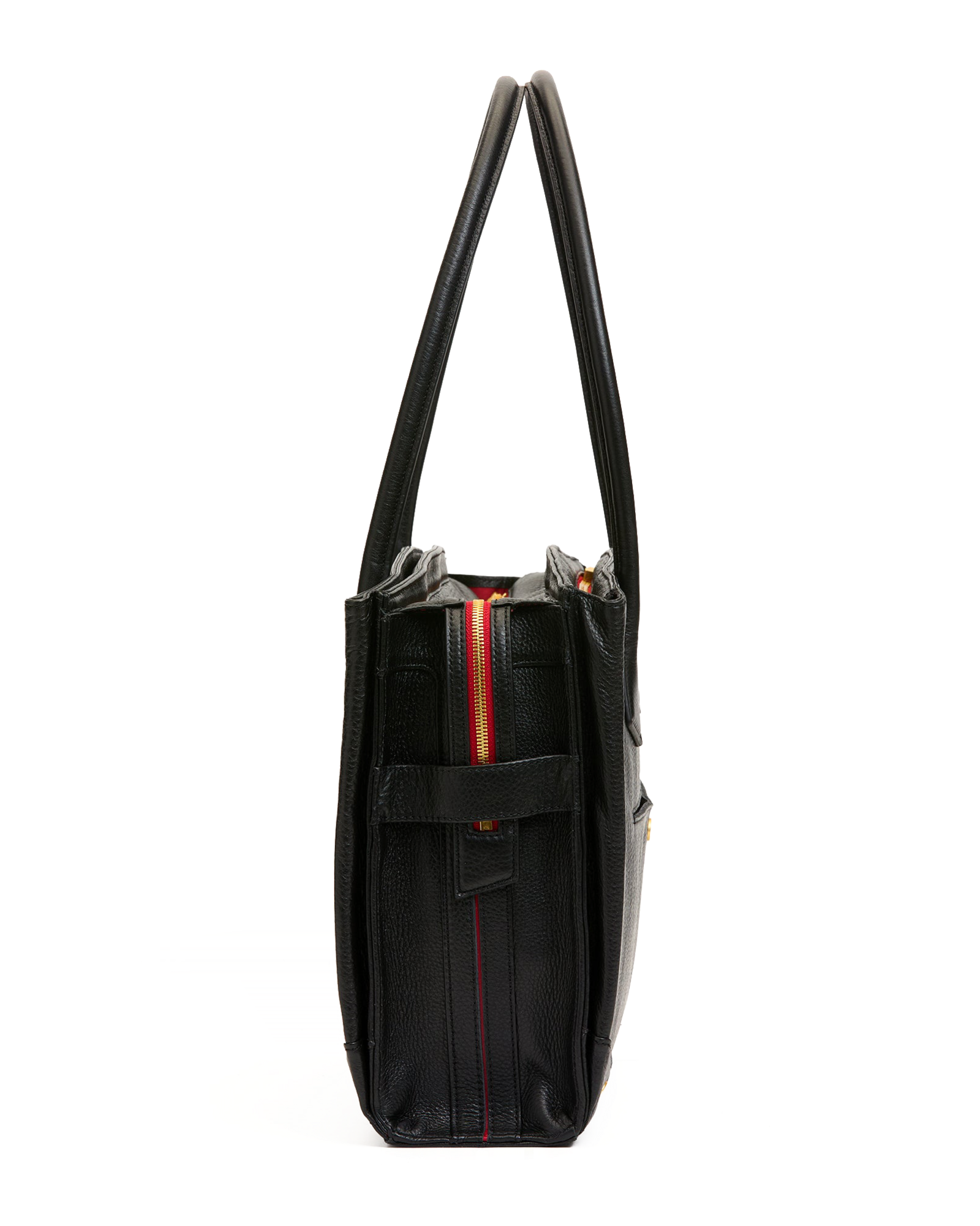 A black leather tote bag shown from a side profile view against a solid white background, featuring a vertical red and orange stripe detail on the front.