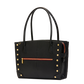 A black leather tote bag with gold-tone studs and a horizontal orange-red zipper pocket, shown on a plain white background.