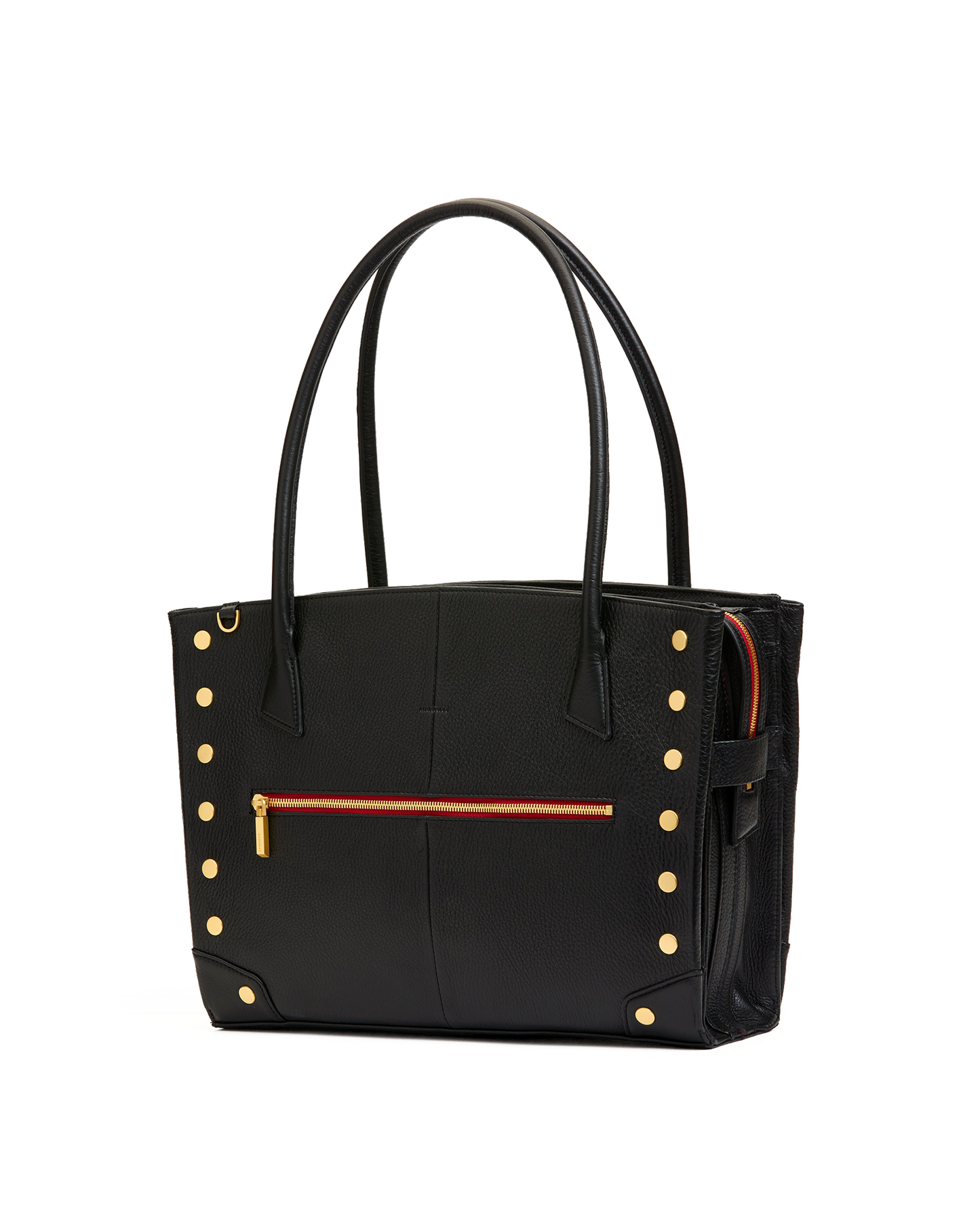 A black leather tote bag with gold-tone studs and a horizontal orange-red zipper pocket, shown on a plain white background.
