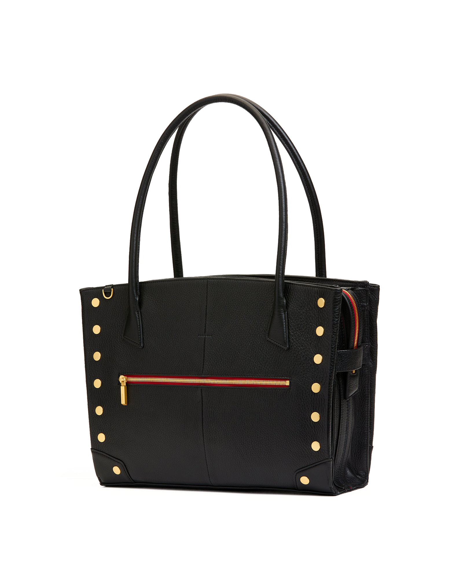 A black leather tote bag with gold-tone studs and a horizontal orange-red zipper pocket, shown on a plain white background.
