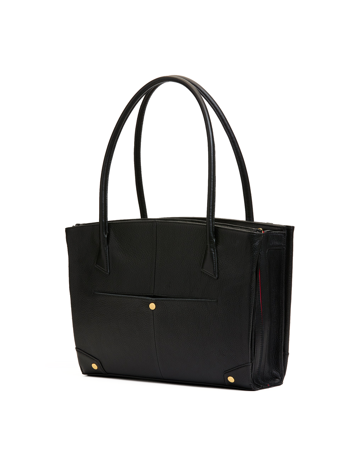 A black leather tote bag with double top handles, a front slip pocket with a gold button, and gold-tone corner hardware, shown on a plain white background.