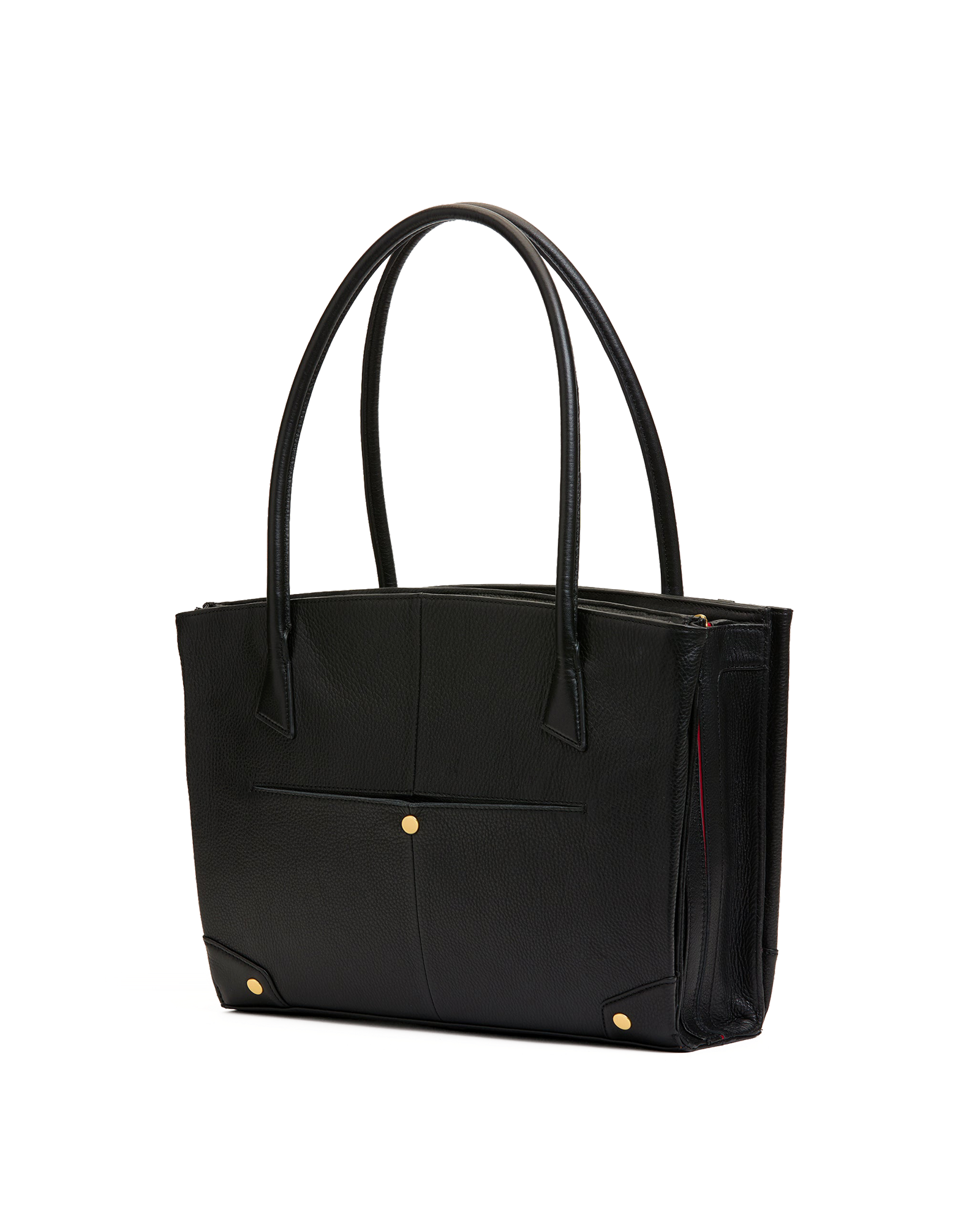 A black leather tote bag with double top handles, a front slip pocket with a gold button, and gold-tone corner hardware, shown on a plain white background.