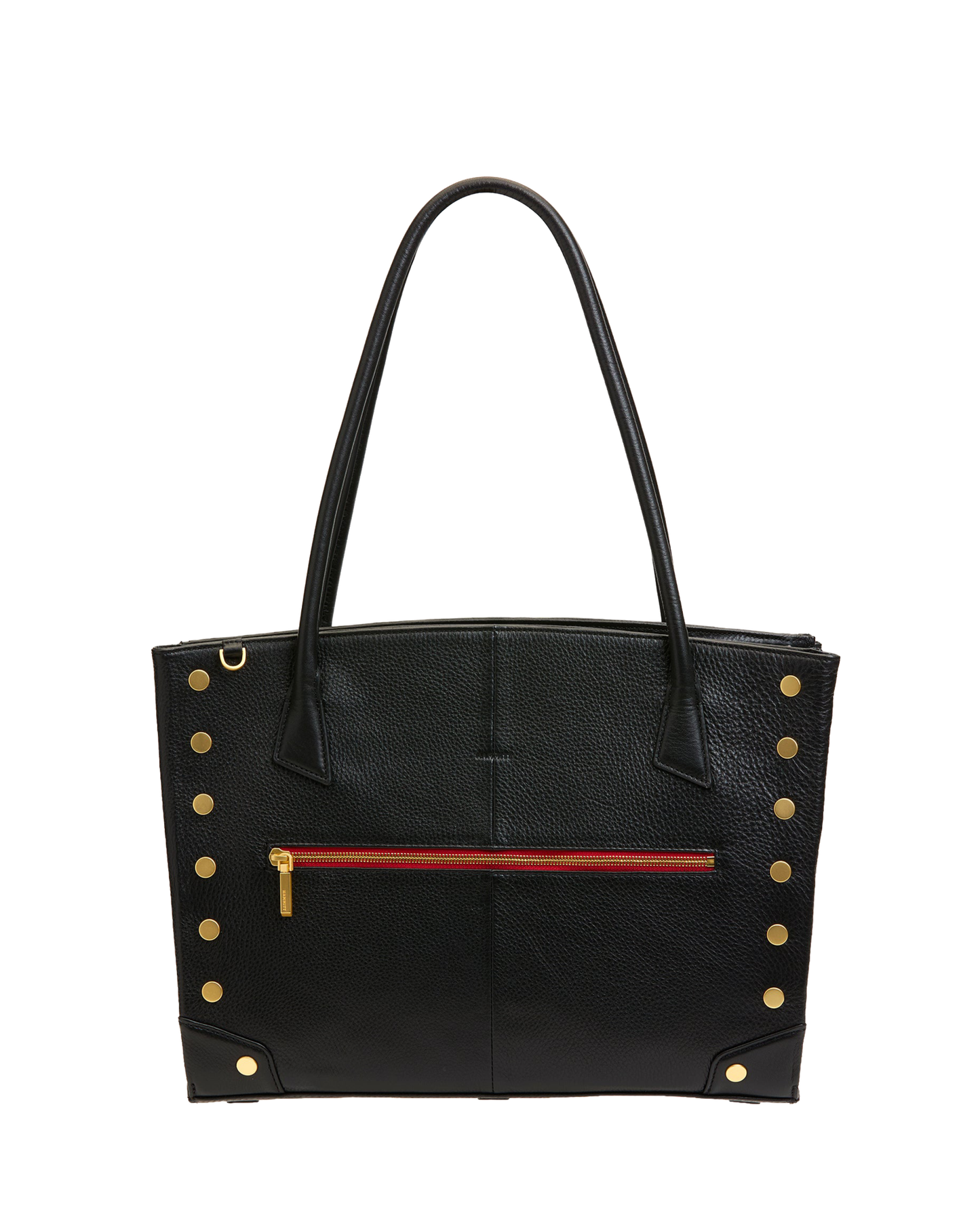 A black pebbled leather tote bag with gold-tone rivets and corner protectors, featuring dual top handles and a horizontal red zippered pocket on the front.