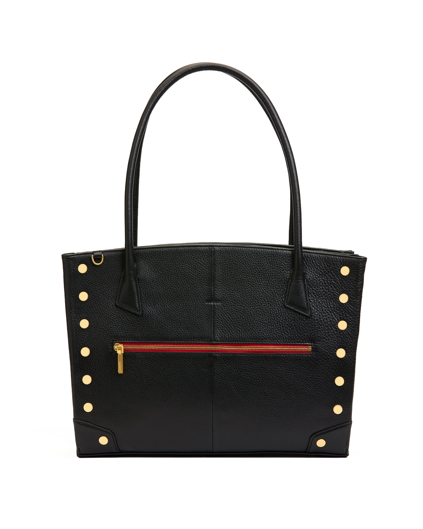 A black pebbled leather tote bag with double top handles, gold-tone rivet studs on the sides, and a horizontal red zipper pocket on the front.