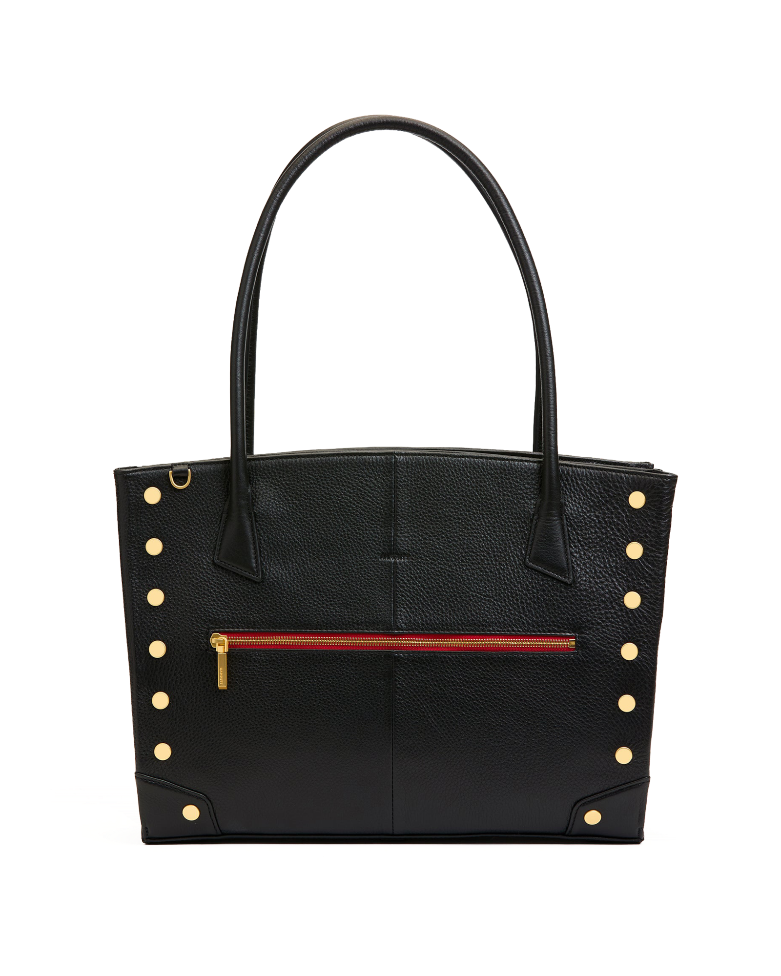 A black pebbled leather tote bag with double top handles, gold-tone rivet studs on the sides, and a horizontal red zipper pocket on the front.
