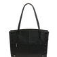 A black pebbled leather tote bag with double shoulder straps, a front zippered pocket, and silver-tone metal studs and rivets, shown against a plain white background.