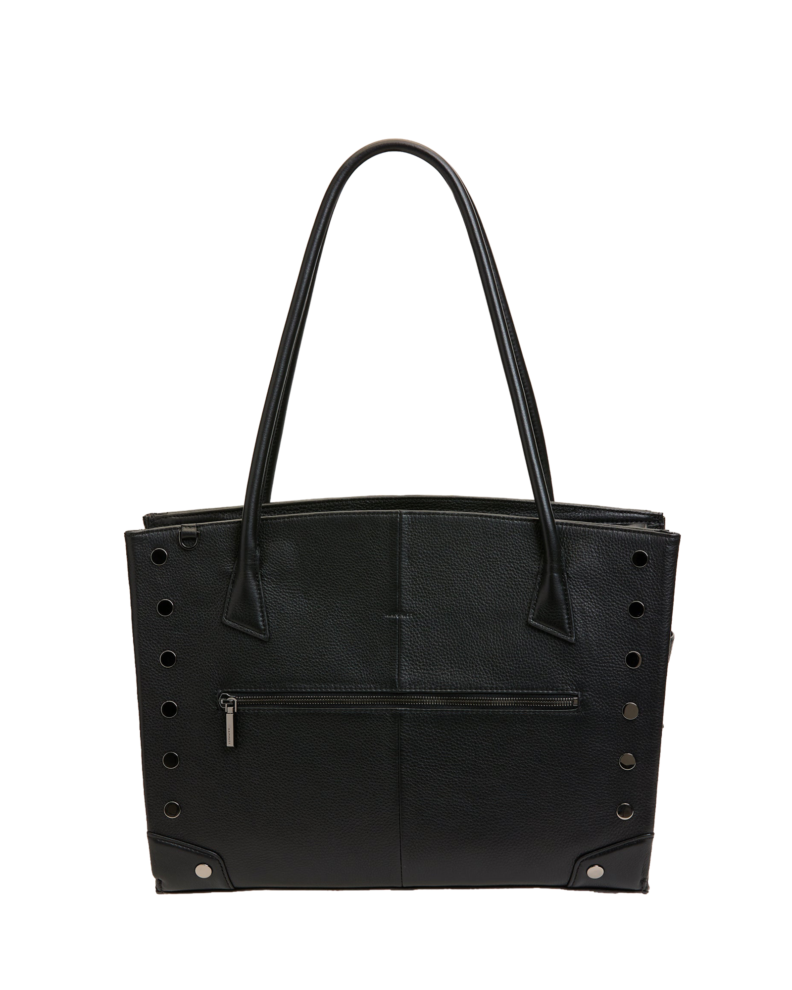 A black pebbled leather tote bag with double shoulder straps, a front zippered pocket, and silver-tone metal studs and rivets, shown against a plain white background.
