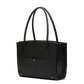 A black leather tote bag with dual top handles, a front slip pocket, and silver-tone hardware, shown on a plain white background.