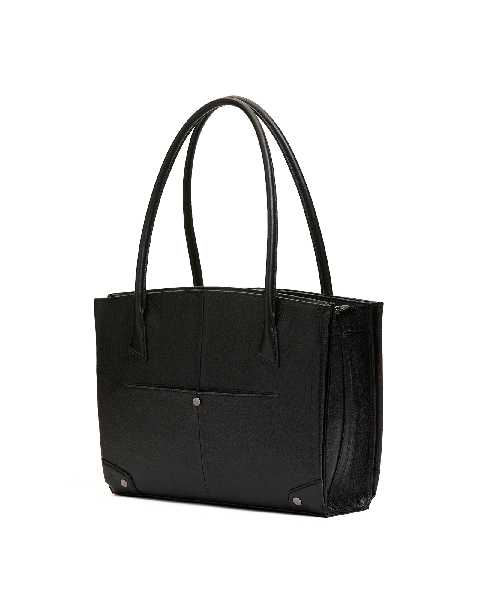 A black leather tote bag with dual top handles, a front slip pocket, and silver-tone hardware, shown on a plain white background.