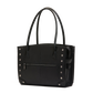A black leather bag with black hardware being shown in front of a black and grey background.